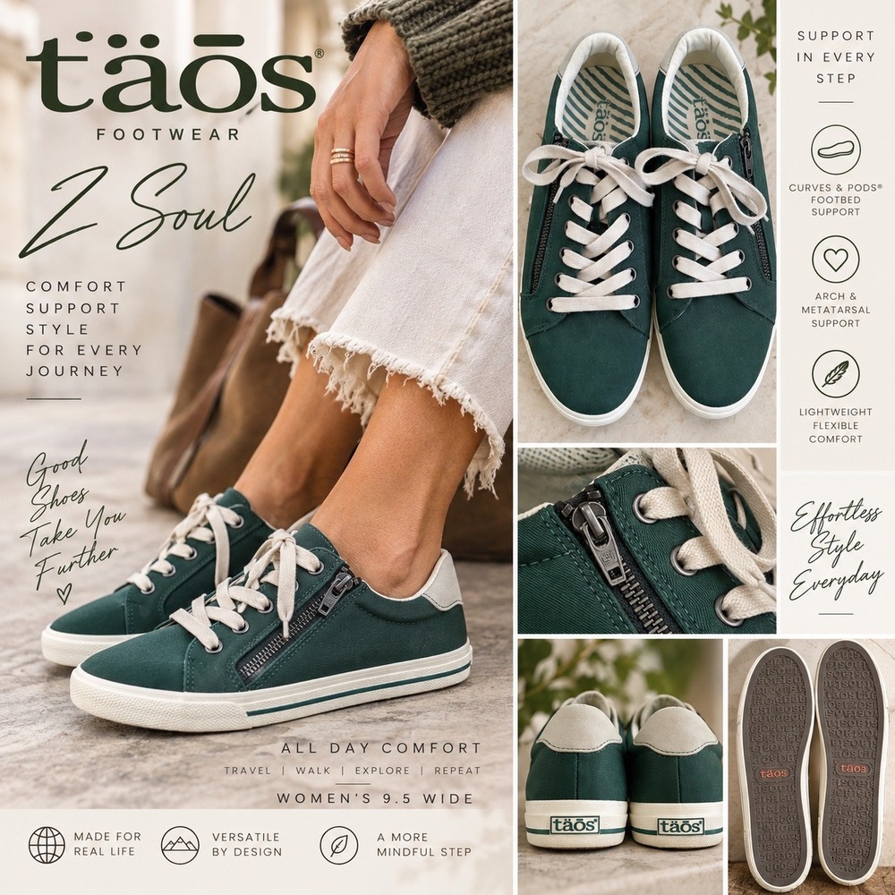 Taos Z Soul Sneakers 9.5 Wide Sage Olive Side Zip Comfort Walking Shoes NWOB